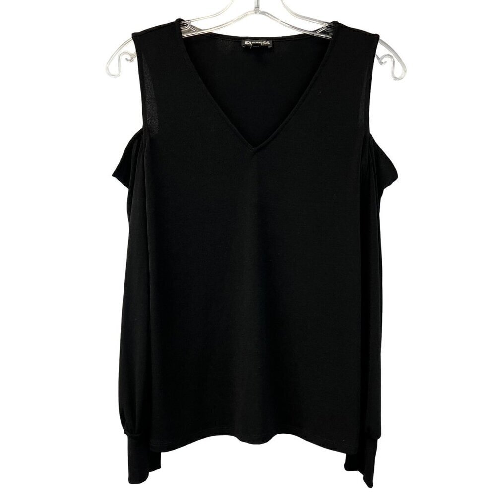Express Womens Cold Shoulder Long Sleeve V-Neck Blouse Black XS